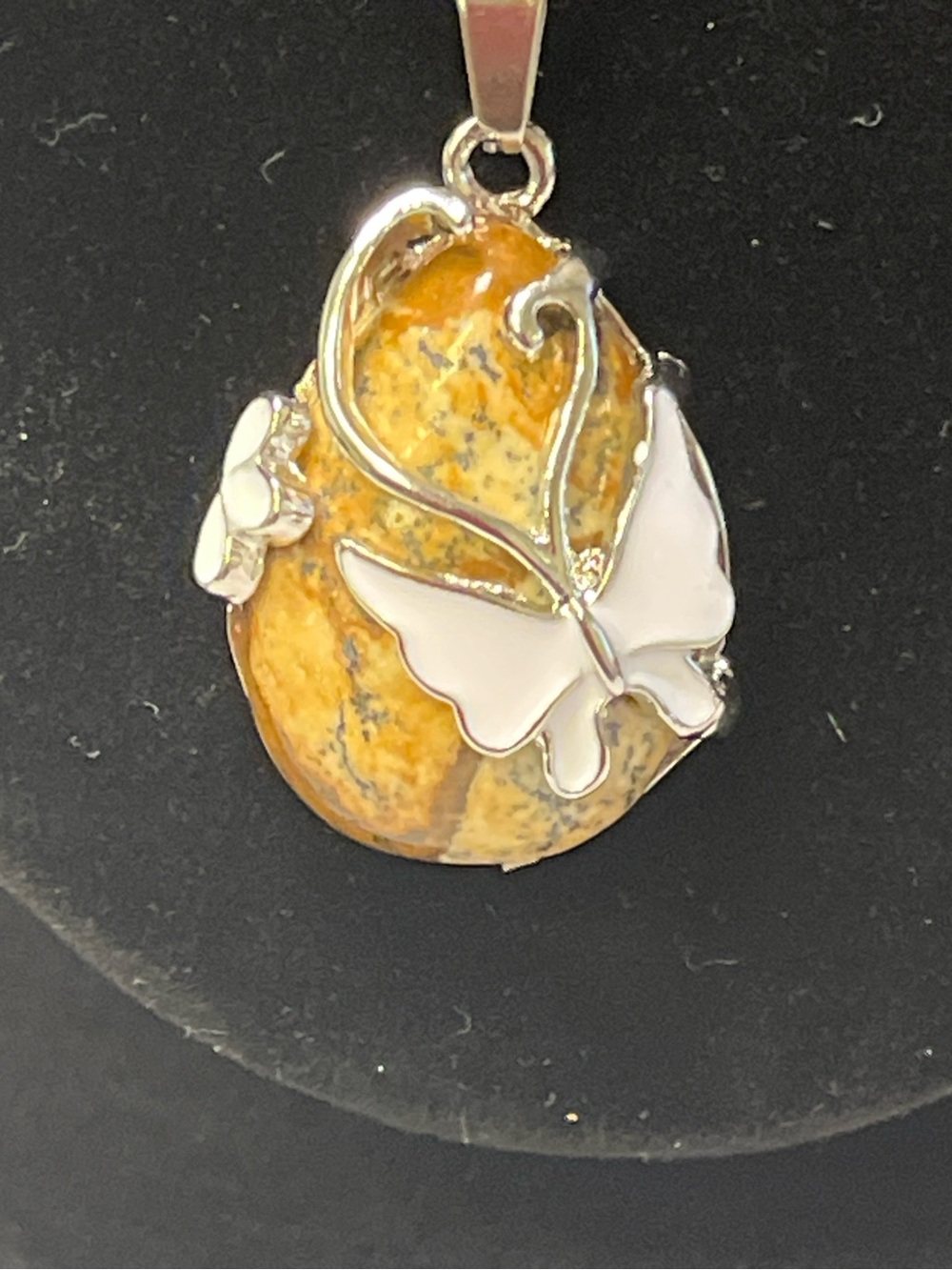 Picture Jasper Raindrop Pendant with Butterfly & Floral Details